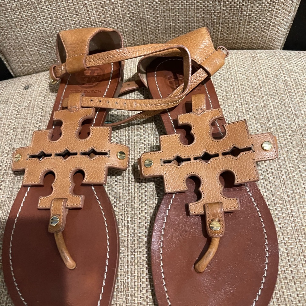 Authentic Tory Burch Tan Leather Cut-Out Sandals
